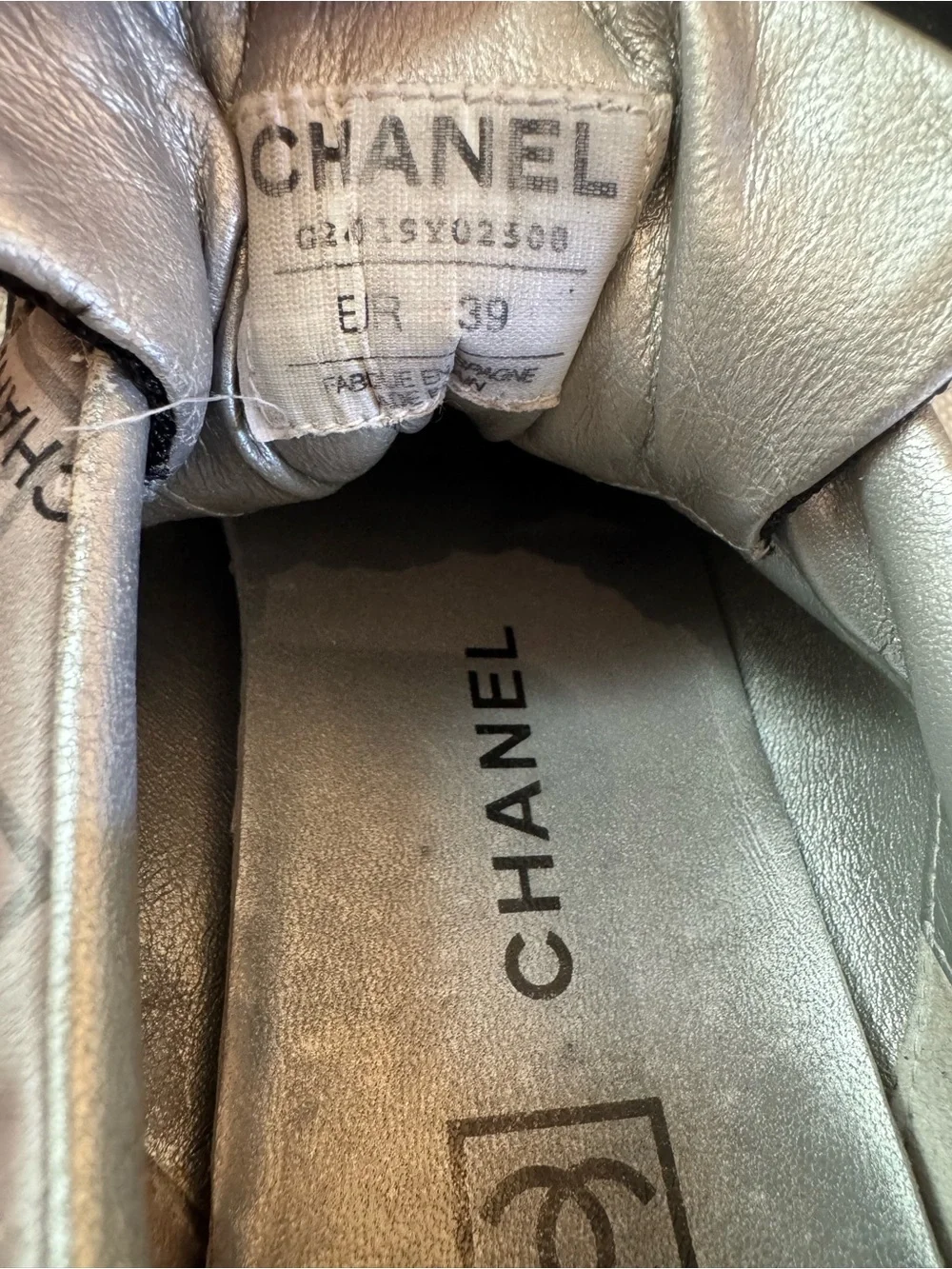 CHANEL Black & Silver Logo-Print Sneakers. Sz 39/9. Comes with dustbag